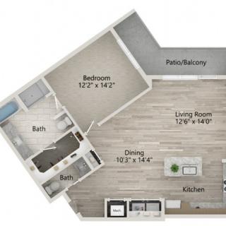 An apartment floor plan showing the layout of various rooms, including a bedroom, living room, kitchen, bathroom, and patio/balcony.