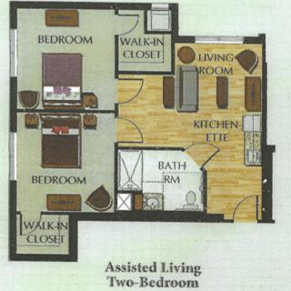 Floor plan of a two-bedroom assisted living apartment with separate sleeping areas, a shared living room, kitchenette, bathroom, and walk-in closets.