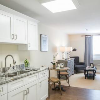 A modern apartment interior featuring a kitchenette and cozy living area.