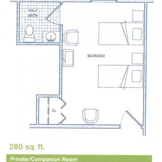 Floor plan of a 280 sq. ft. private/companion room with a bedroom and bathroom.