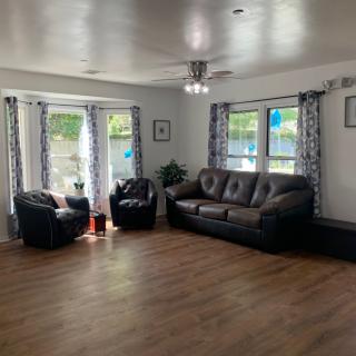 A spacious living room with a large sofa, armchair, and natural light streaming through the windows.