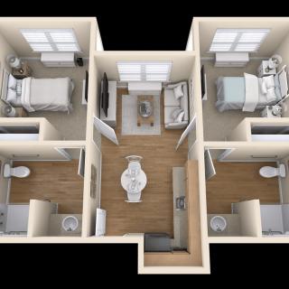 A 3D rendered floor plan of a two-bedroom apartment with two bathrooms and a central living area.