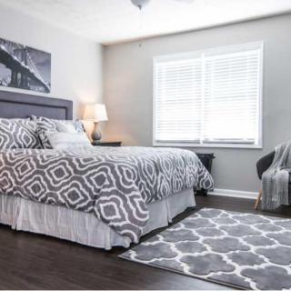 A modern bedroom with a gray color scheme, featuring a bed with patterned bedding, a rug, and natural light from a window.