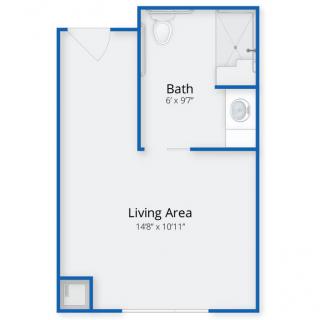 Studio apartment floor plan with a living area and bathroom.