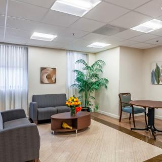 A modern office waiting room with comfortable seating and decorative plants.