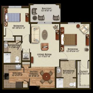 A floor plan of a two-bedroom apartment featuring a living room, kitchen, dining area, and two bathrooms.