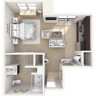 This is a 3D floor plan of an apartment featuring a bedroom, living room, kitchen, and bathroom.