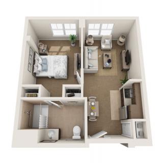 A detailed floor plan of a one-bedroom apartment featuring a living room, kitchen, and bathroom.