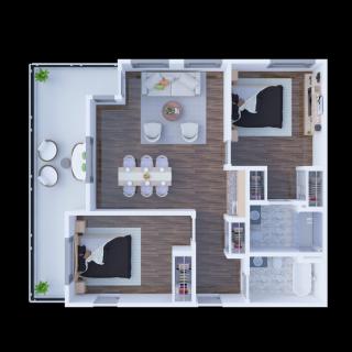 Modern apartment floor plan with two bedrooms, a living room, kitchen, dining area, and balcony.