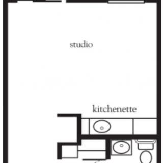 Studio apartment floor plan with kitchenette and bathroom.