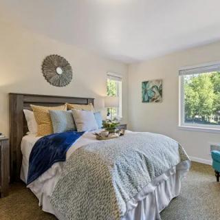 A cozy bedroom with stylish decor and natural light from two windows.