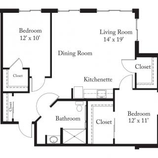 This image depicts a floor plan of a two-bedroom apartment with dimensions for each room, including a living room, dining area, kitchenette, bathroom, and closets.