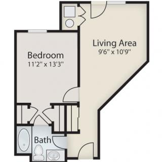 A floor plan of a small apartment with one bedroom, a bathroom, and a living area.