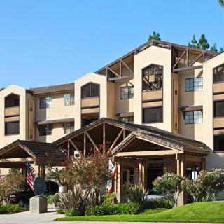 A modern multi-story hotel with wooden accents and a landscaped entrance.