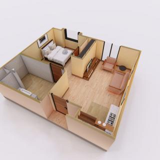 3D rendered floor plan of a compact apartment featuring a bedroom, kitchen, and living area.