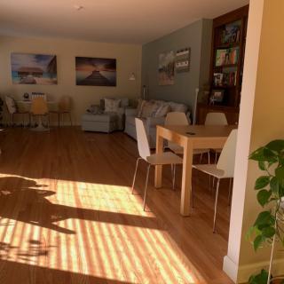 A sunny living room with a dining area and modern furniture.