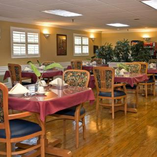 A cozy dining room with tables set for guests, featuring wooden floors and decorative plants.