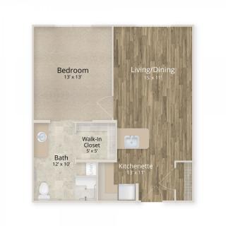 A floor plan of an apartment featuring a bedroom, kitchen, living/dining area, and bathroom.
