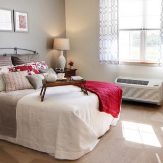 A cozy bedroom with a neatly made bed, bedside lamp, and sunlight streaming through the window.