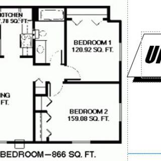 A floor plan of a two-bedroom apartment measuring 866 square feet.