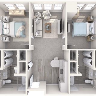 A detailed floor plan of a two-bedroom apartment featuring a living room, kitchen, and bathrooms.