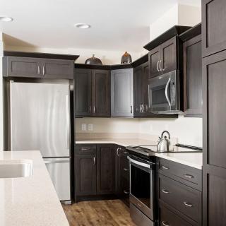 A modern kitchen featuring dark cabinetry, stainless steel appliances, and wood flooring.