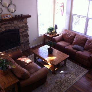 A cozy living room featuring leather sofas, a wooden coffee table, and a fireplace, bathed in natural light.