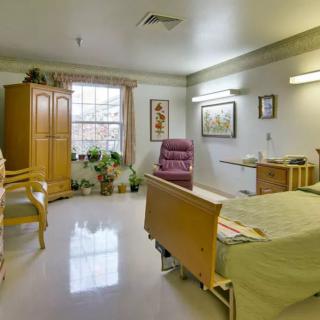 A well-furnished hospital room featuring a bed, a wheelchair, and decorative elements.