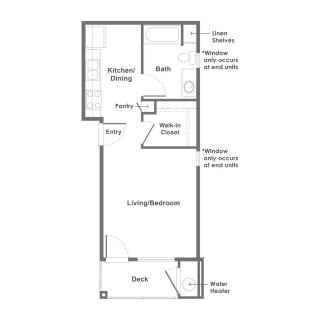 Floor plan of an apartment featuring a living room, kitchen/dining area, bathroom, built-in closet, and balcony.