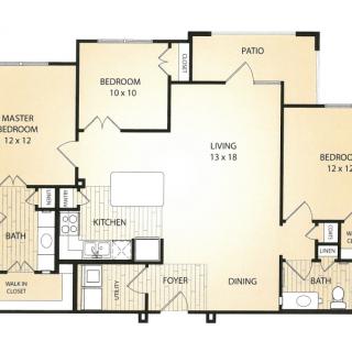 A floor plan of a two-bedroom apartment featuring a living room, kitchen, dining area, and bathrooms.