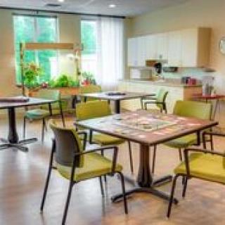 A cozy cafeteria with tables and chairs, featuring a kitchenette and indoor plants.
