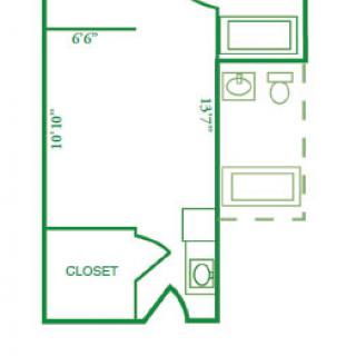 A simple studio apartment floor plan layout.