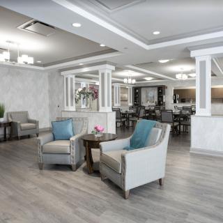 A modern lobby with comfortable seating and stylish decor.