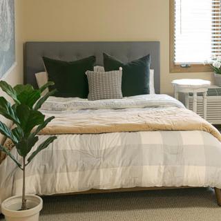 A cozy bedroom with a neatly made bed, featuring dark green pillows, soft lighting, and a potted plant adding a touch of nature.