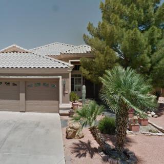 A suburban house with a two-car garage and palm trees in the landscaped front yard.