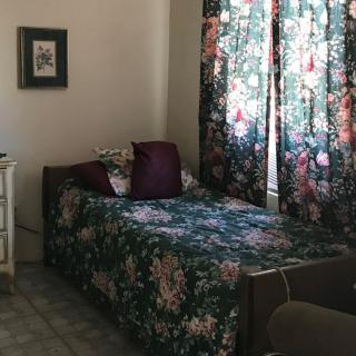 A cozy bedroom with a floral theme, featuring matching curtains and bedspread.