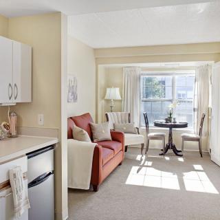 A cozy apartment living space with a kitchenette, sofa, and small dining area by a sunlit window.