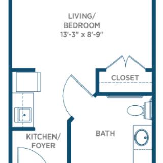 Studio apartment floor plan with designated living/bedroom, kitchen, bath, and closet areas.