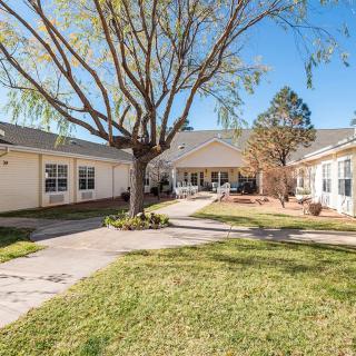 A peaceful courtyard surrounded by buildings with a central tree and grassy lawn.