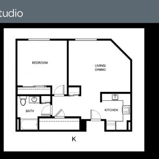 Studio apartment floor plan layout.