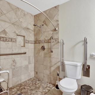 An accessible bathroom with a shower, toilet, and grab bars for safety.