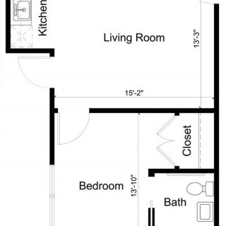 Floor plan of a one-bedroom apartment featuring a living room, kitchen, bathroom, and closet.