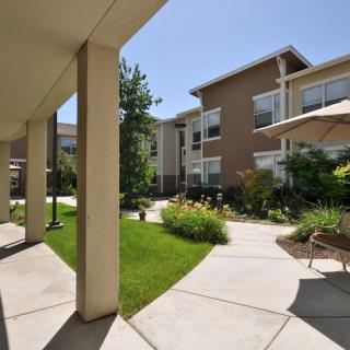 A well-maintained outdoor space with a garden and patio, nestled between modern buildings.