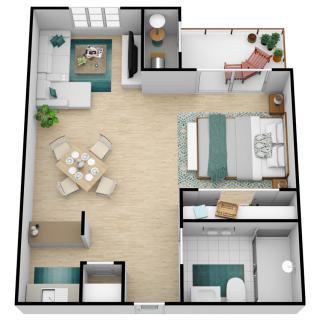 A 3D floor plan of a one-bedroom apartment featuring a spacious living room, kitchen, dining area, bathroom, and a balcony.