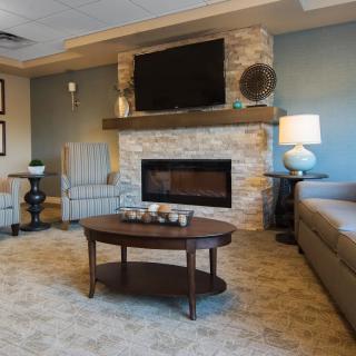 Cozy living room with a fireplace and modern decor.