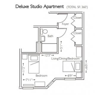 Floor plan of a Deluxe Studio Apartment with an area of 348 sq. ft.