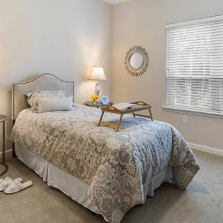 A cozy bedroom with a single bed, bedside lamp, and window.