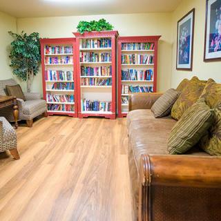 A cozy living room with red bookshelves filled with books, comfortable seating, and decorative elements.