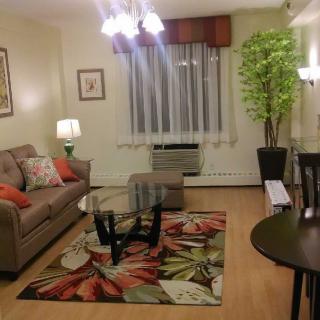 Cozy living room with a stylish sofa, vibrant rug, and elegant decor.