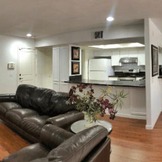A modern open-space living room with a leather sofa and hardwood floors, leading into a well-equipped kitchen.